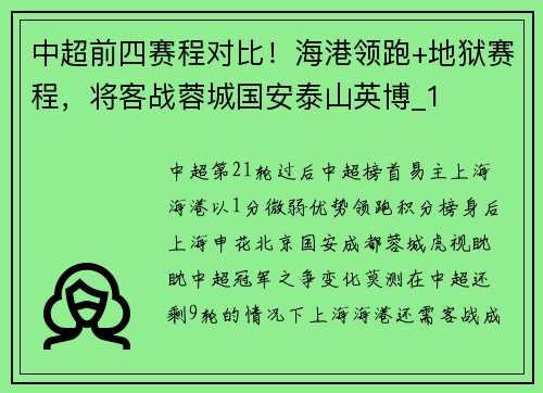 中超前四赛程对比！海港领跑+地狱赛程，将客战蓉城国安泰山英博_1